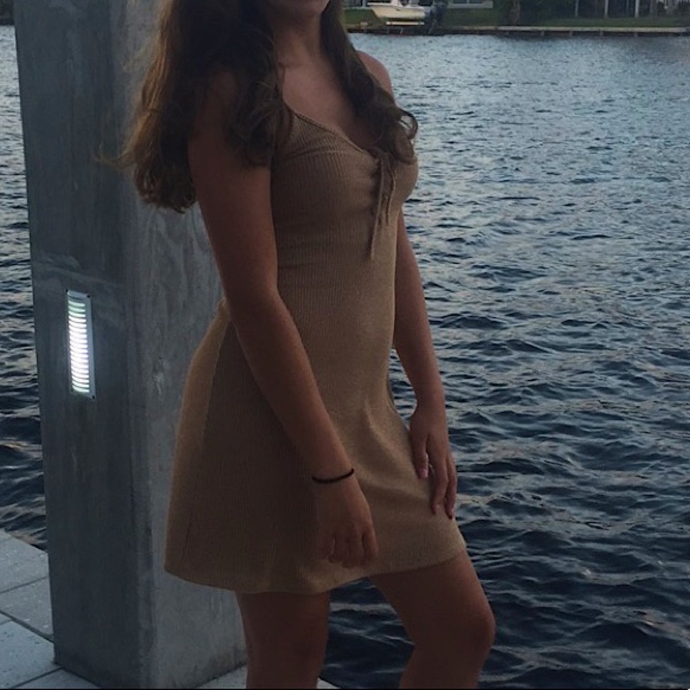 Tan/Beige lace up front ribbed dress